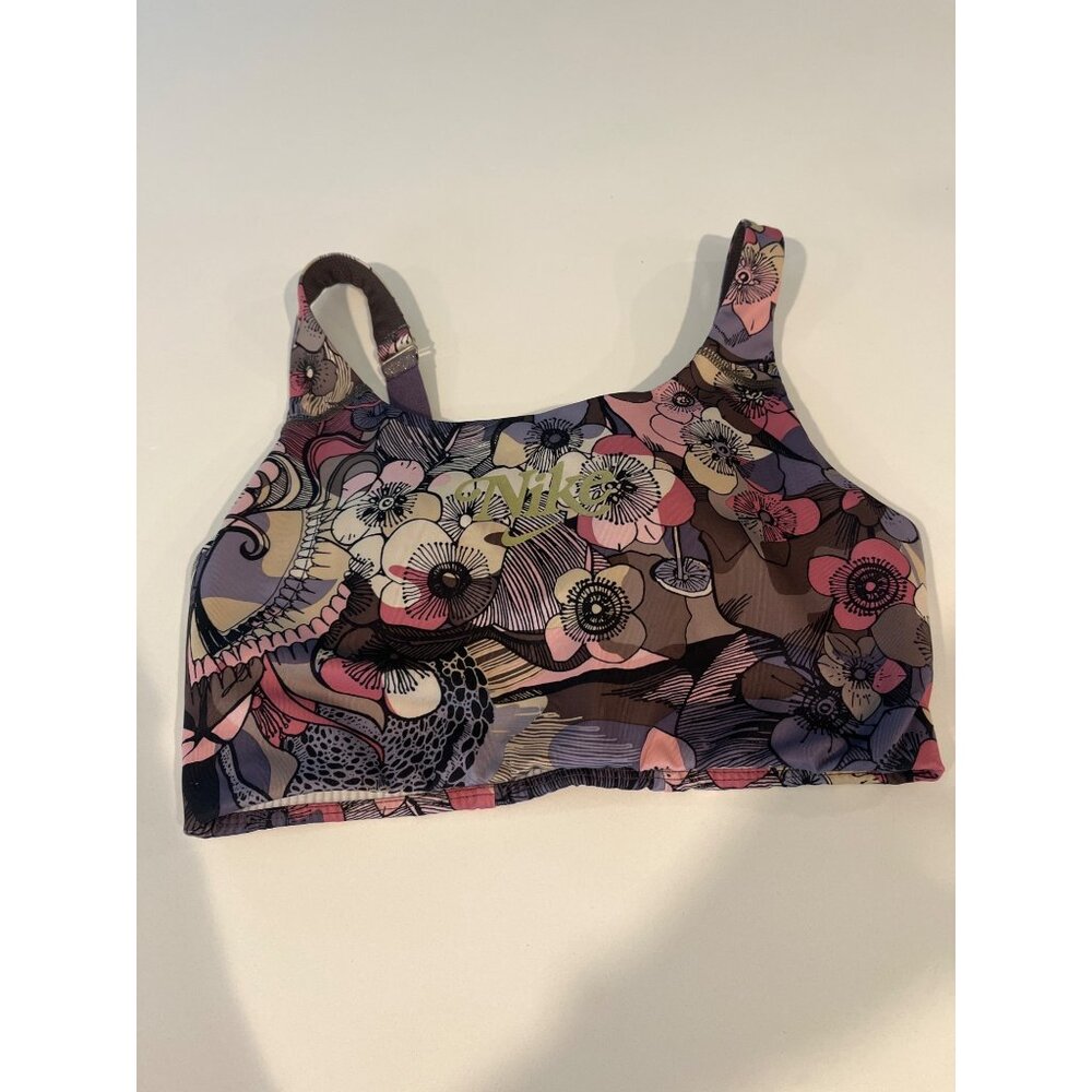 Nike Womens Floral Sports Bra With Adjustable Straps & Mesh Back In Purple & Pin